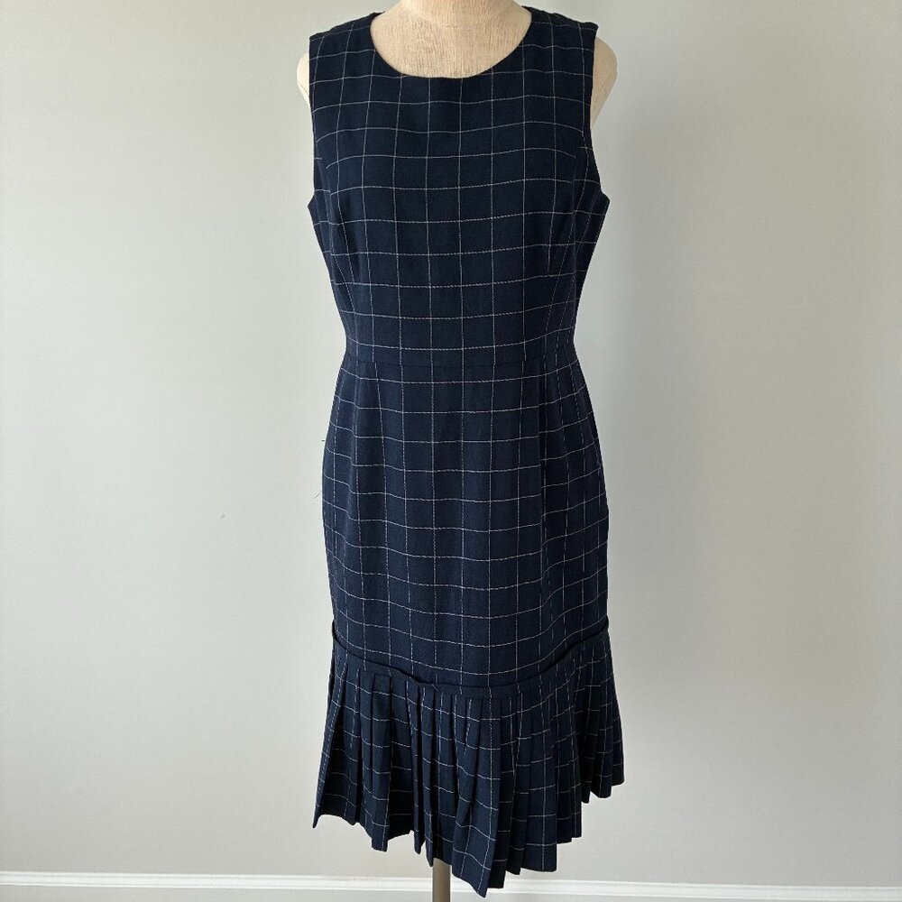 J. Crew Navy Windowpane Pleated Wool Mini Dress